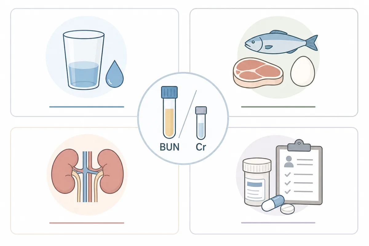BUNとクレアチニン比を脱水、蛋白摂取、腎機能、薬剤から確認する図解