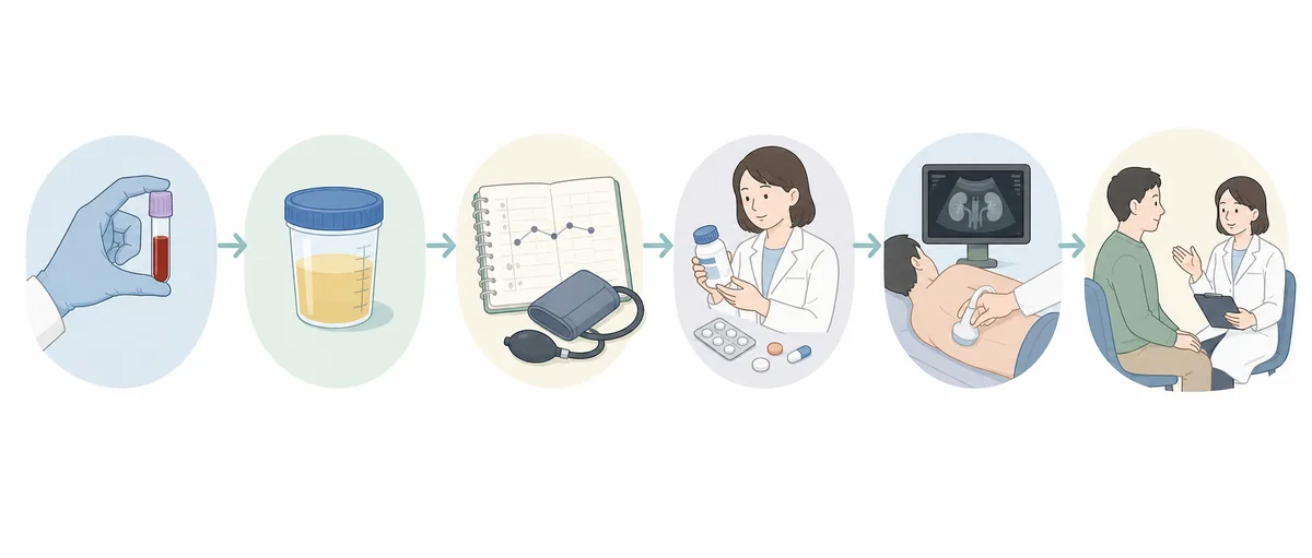 血液再検査、尿検査、血圧記録、薬剤確認、腎臓超音波、医療相談の流れを示す図