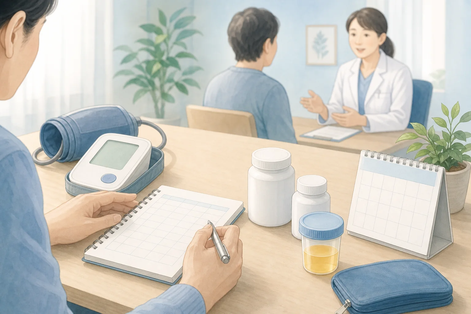 血圧記録、薬、検査予定、尿の変化を整理して腎臓の相談に備える様子
