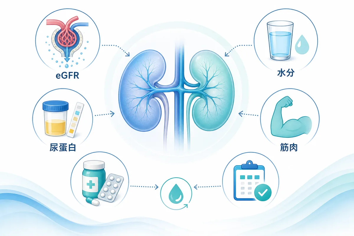 腎機能改善をeGFR、尿蛋白、水分、筋肉、薬剤から確認するための図解