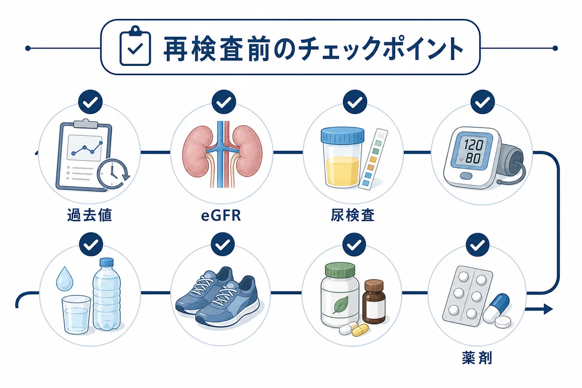 腎機能の再検査前に過去値、eGFR、尿検査、血圧、水分、運動、サプリ、薬剤を確認する図解