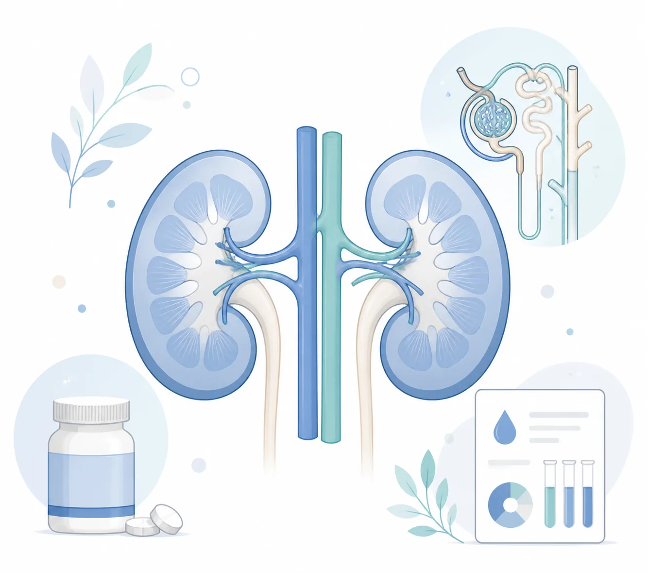 SGLT2阻害薬と腎機能を腎臓、腎小体、薬、検査の概念で示す医学イラスト